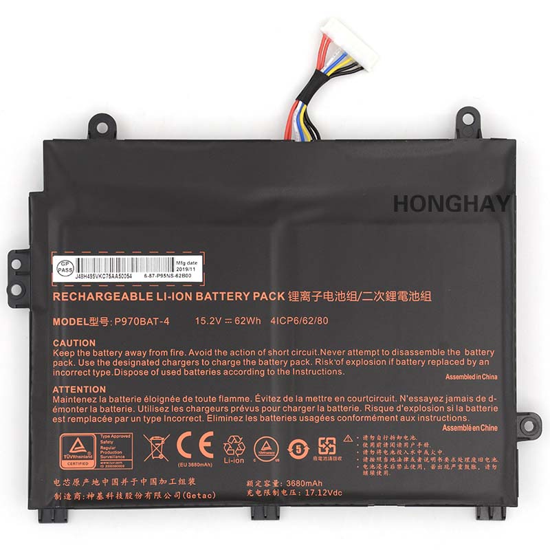 3680mAh 62Wh 4-Cell Clevo P950RC P970ED Battery - Click Image to Close
